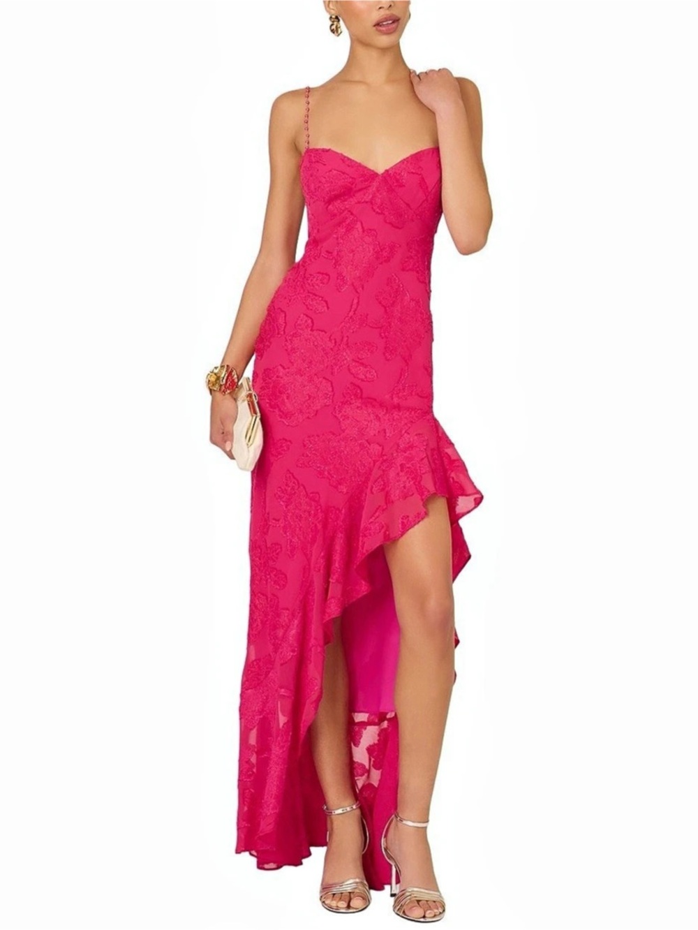 Adrianna Papell Clipped Jacquard Floral High-Low Dress in Pink Size 10, nwt🩷